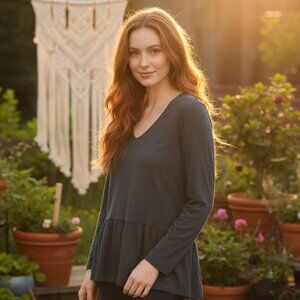 NEW Loft Womens S Blue Gray Peplum V Neck Knit Top Casual Boho Cottage Retro